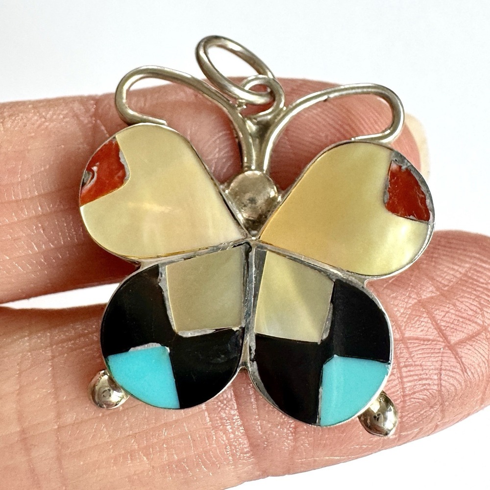 Zuni Butterfly Turquoise Pendant Multi‎ Stone Inlay 1.25" Sterling Signed Bug